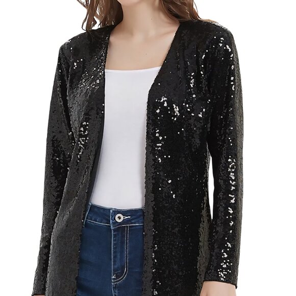 Vintage Opulent Dazzling Black Sequin Open Front Blazer Party Cocktail Jacket - Picture 1 of 7